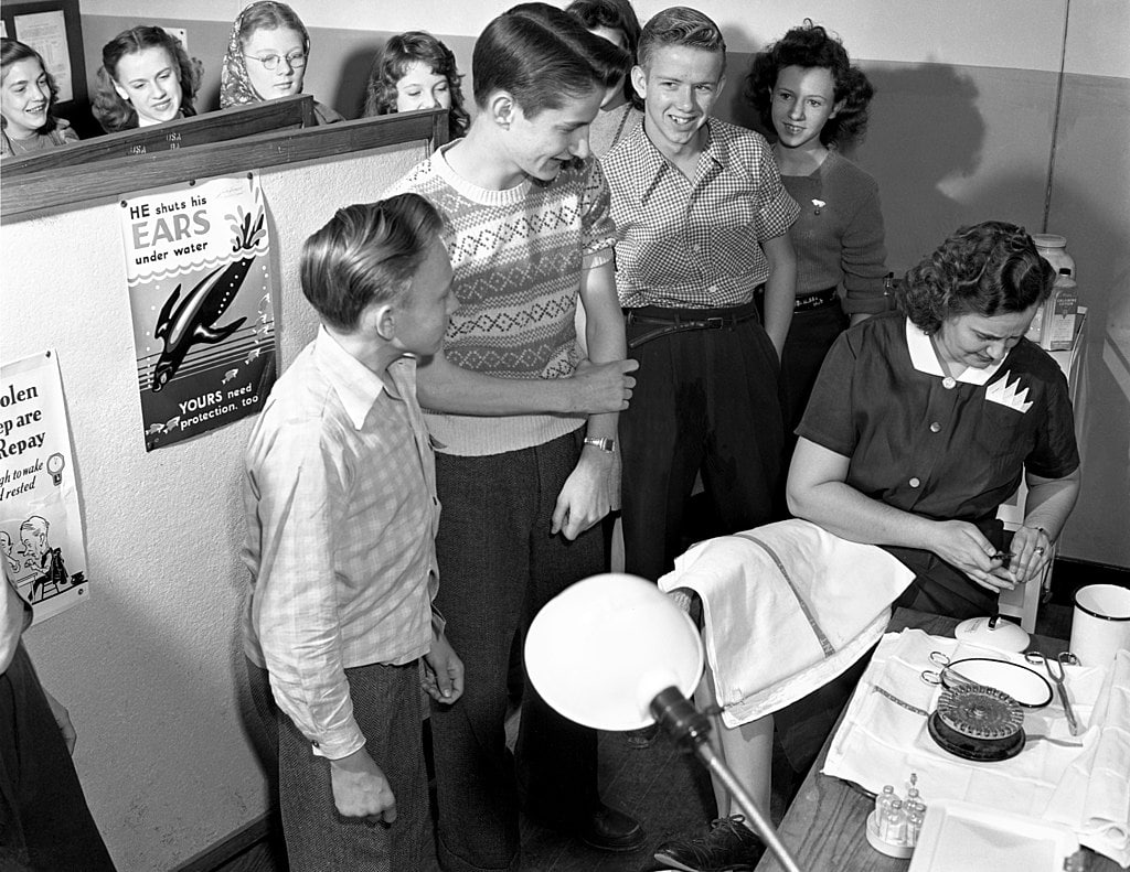 Tuberculosis testing, students lined up at a school test facility